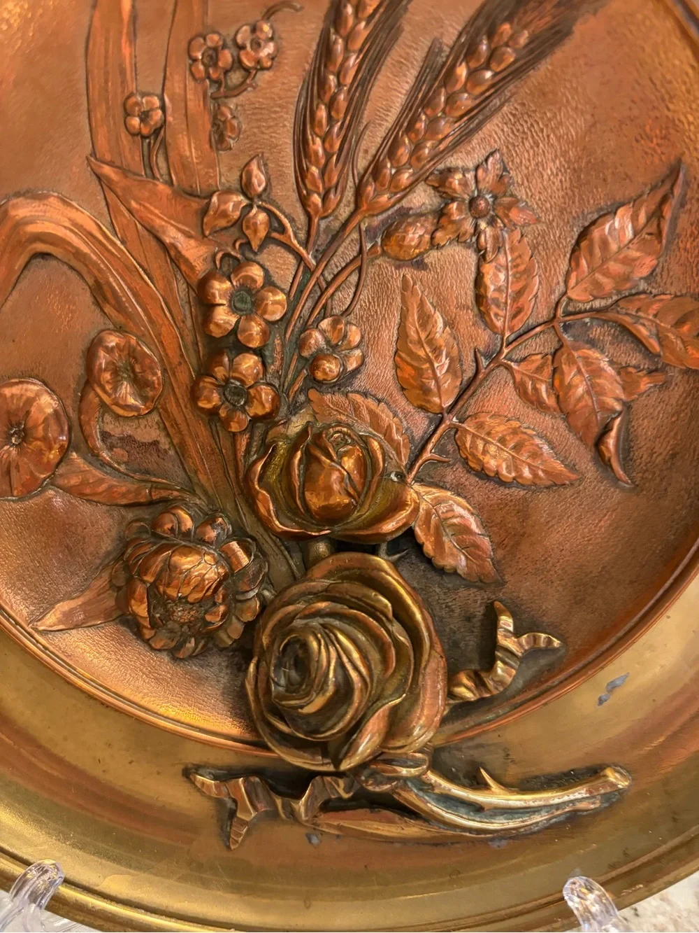Decorative Floral Relief Metal Wall Plate - Brass Finish